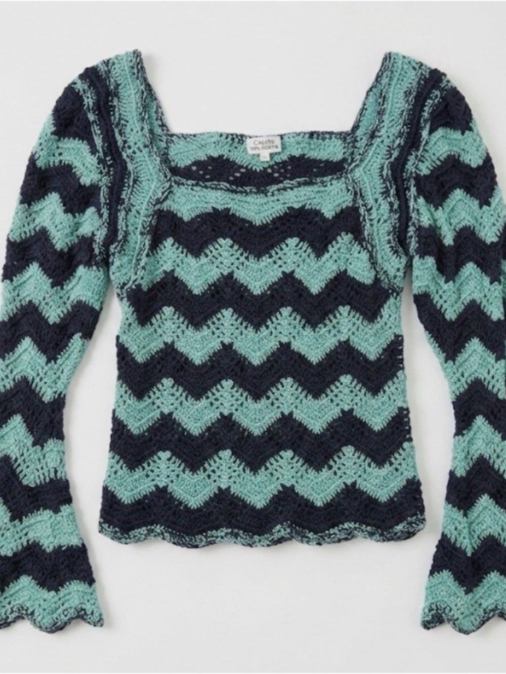 Chasing Unicorns Hand Crochet Chevron Bell Sleeve Top Boho Teal Navy Blue Small